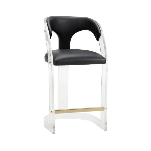 Wildwood After Clear Acrylic Bar Stool With Black Faux Leather Seat, Polished Brass Footrest & Curved Ergonomic Design 490670