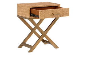 Wildwood Vieux Carre End Table With Woven Cane Body, Tempered Glass Top, Felt-Lined Drawer & Coastal Style 490671