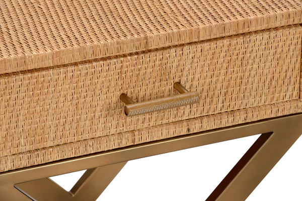 Wildwood Vieux Carre End Table With Woven Cane Body, Tempered Glass Top, Felt-Lined Drawer & Coastal Style 490671