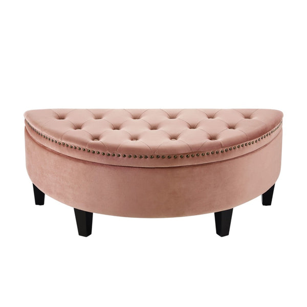 HomeRoots 44" Half-Moon Tufted Ottoman with Hidden Storage - Elegant Seating Solution for Any Living Space Blush, Velvet Velvet 490671