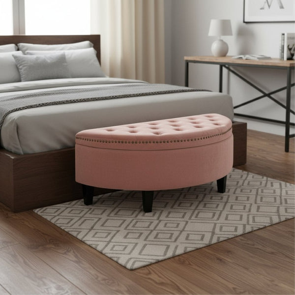 HomeRoots 44" Half-Moon Tufted Ottoman with Hidden Storage - Elegant Seating Solution for Any Living Space Blush, Velvet Velvet 490671