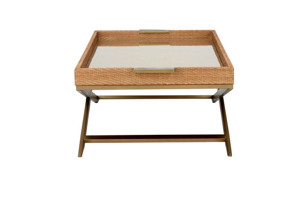 Wildwood Vieux Woven Cane Tray Coffee Table With Tempered Glass Top, Natural Finish For Coastal Homes 490673