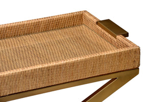 Wildwood Vieux Woven Cane Console With Tempered Glass Top — Coastal Neutral Finish, Bronze Accents, 57.25"W 490674