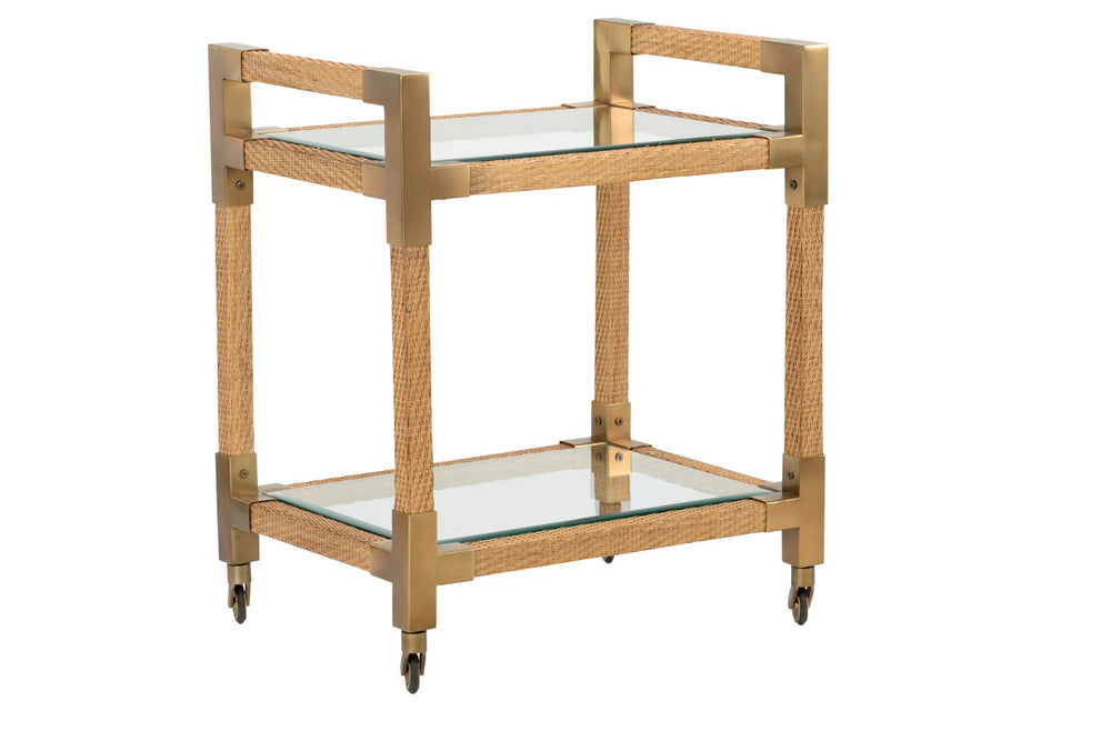 Wildwood Vieux Woven Cane Bar Cart With Glass Shelves & Bronze Corners, Smooth Casters For Coastal-Modern Entertaining 490677