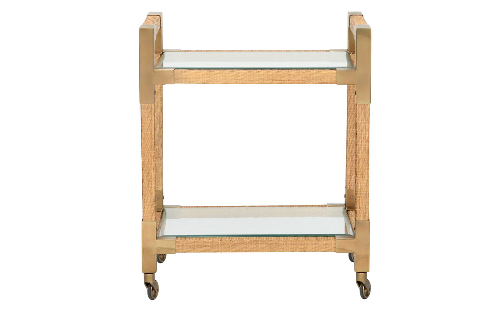 Wildwood Vieux Woven Cane Bar Cart With Glass Shelves & Bronze Corners, Smooth Casters For Coastal-Modern Entertaining 490677
