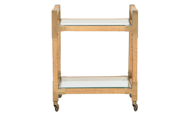 Wildwood Vieux Woven Cane Bar Cart With Glass Shelves & Bronze Corners, Smooth Casters For Coastal-Modern Entertaining 490677