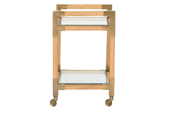 Wildwood Vieux Woven Cane Bar Cart With Glass Shelves & Bronze Corners, Smooth Casters For Coastal-Modern Entertaining 490677