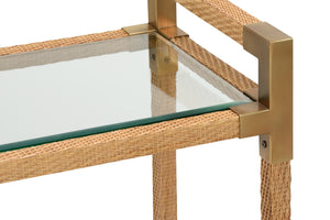 Wildwood Vieux Woven Cane Bar Cart With Glass Shelves & Bronze Corners, Smooth Casters For Coastal-Modern Entertaining 490677