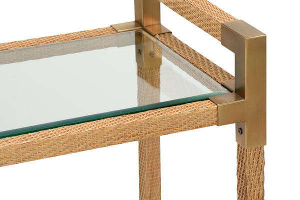 Wildwood Vieux Woven Cane Bar Cart With Glass Shelves & Bronze Corners, Smooth Casters For Coastal-Modern Entertaining 490677