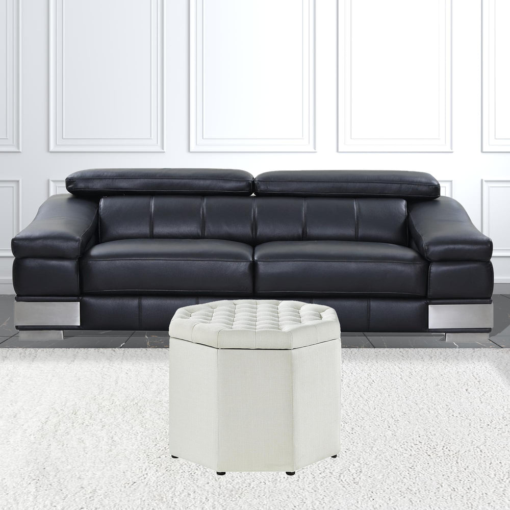 Homeroots 25" White Linen And Black Tufted Specialty Storage Cream White,Linen  490681