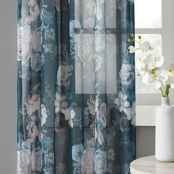 JLA Home Madison Park - Printed Voile Sheer Curtain Panel in Blush Floral on Navy — Lightweight, OEKO-TEX, Rod Pocket/Back Tab MP40-6623