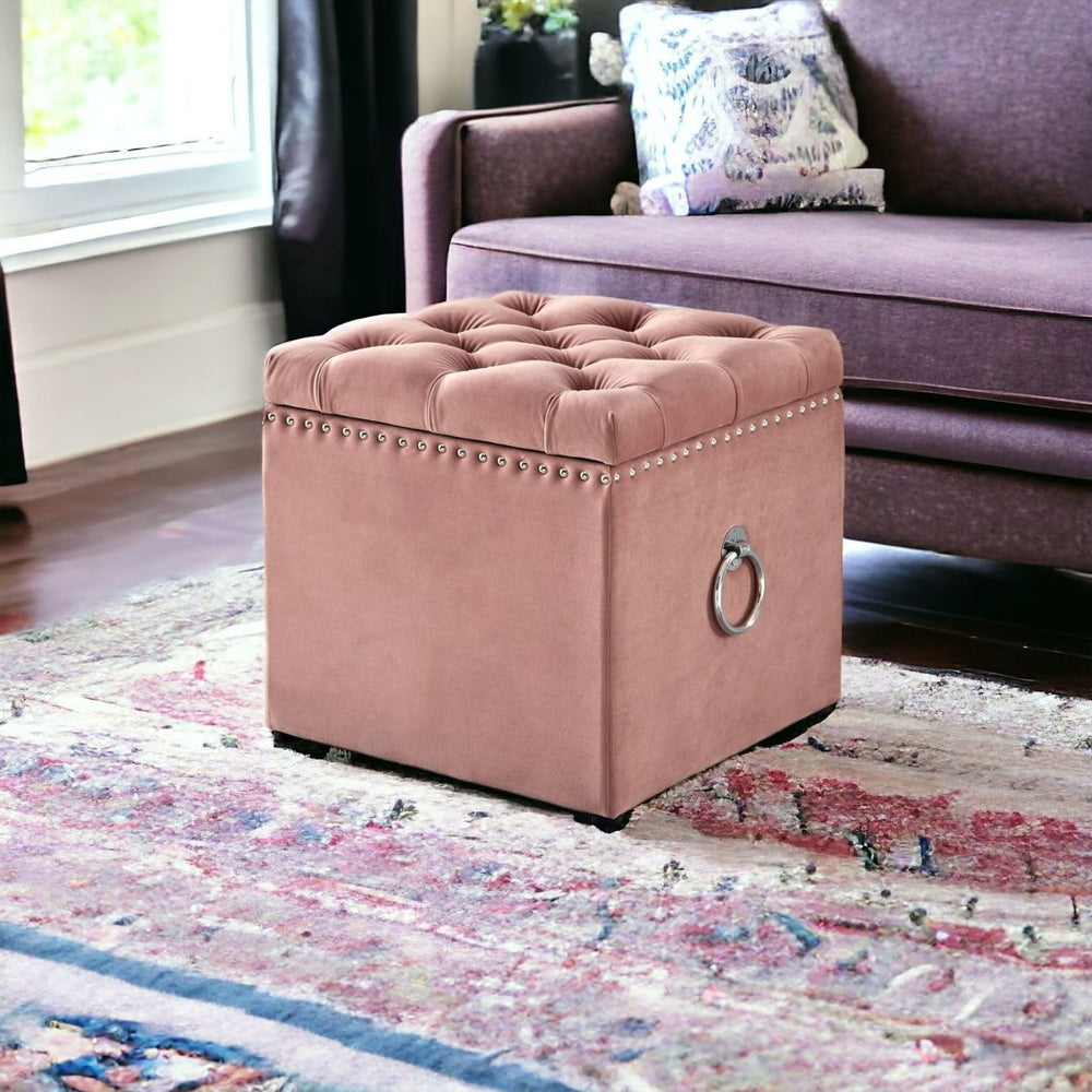 HomeRoots 18" Elegant Tufted Storage Ottoman - Stylish Accent Piece with Hidden Compartment for Any Room Blush/Chrome, Velvet Velvet 490684