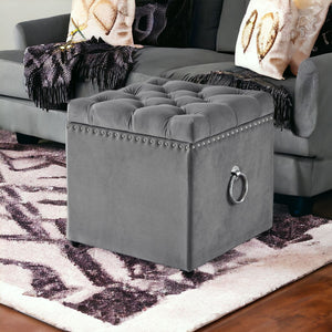 Homeroots 18" Gray Velvet And Black Tufted Storage Grey,Velvet  490685