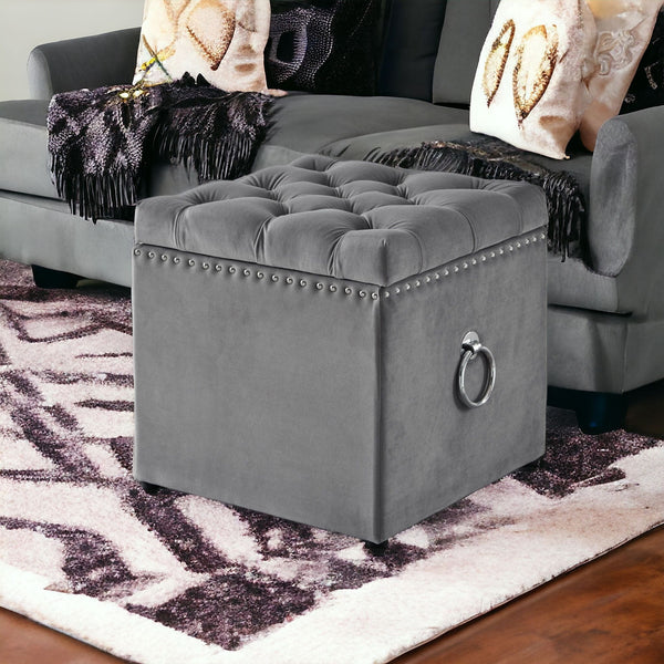 Homeroots 18" Gray Velvet And Black Tufted Storage Grey,Velvet  490685