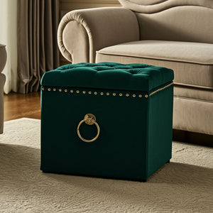 HomeRoots 18" Elegant Tufted Storage Ottoman - Stylish Accent Piece with Hidden Compartment for Any Room Hunter Green/Gold, Velvet Velvet 490686