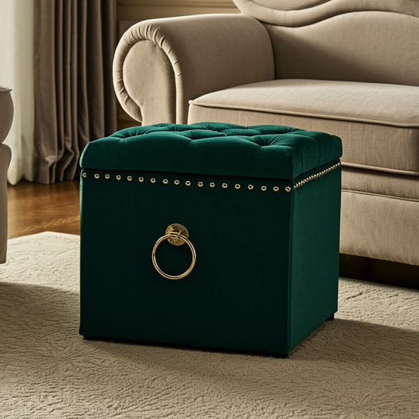 HomeRoots 18" Elegant Tufted Storage Ottoman - Stylish Accent Piece with Hidden Compartment for Any Room Hunter Green/Gold, Velvet Velvet 490686