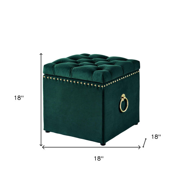 HomeRoots 18" Elegant Tufted Storage Ottoman - Stylish Accent Piece with Hidden Compartment for Any Room Hunter Green/Gold, Velvet Velvet 490686