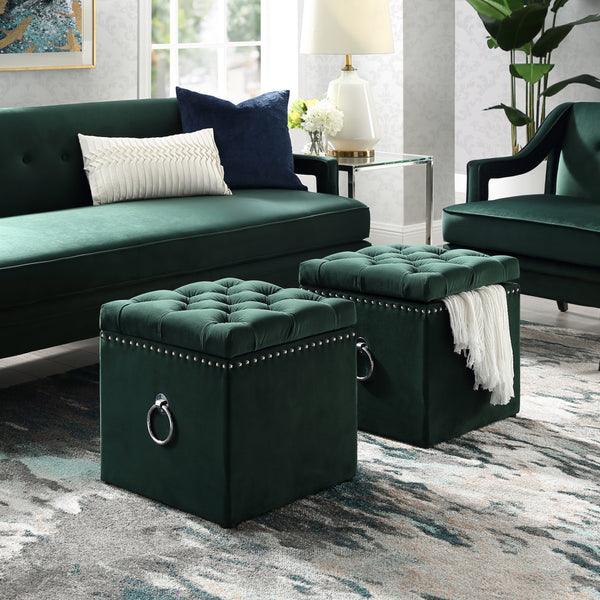 Homeroots 18" Hunter Green Velvet And Black Tufted Storage Hunter Green,Chrome,Velvet  490687