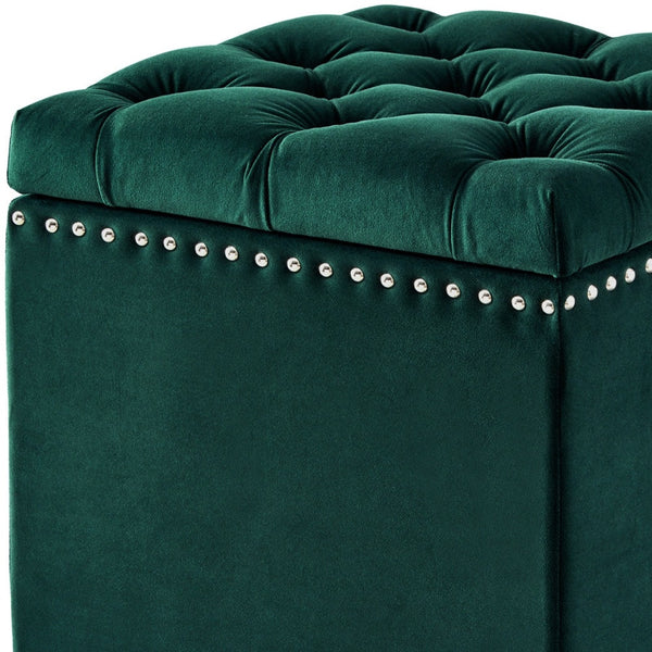 Homeroots 18" Hunter Green Velvet And Black Tufted Storage Hunter Green,Chrome,Velvet  490687