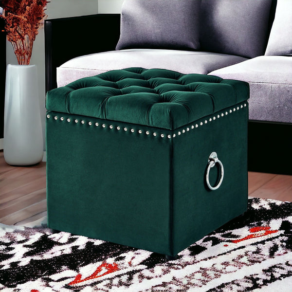 Homeroots 18" Hunter Green Velvet And Black Tufted Storage Hunter Green,Chrome,Velvet  490687