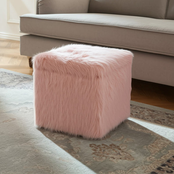 HomeRoots 18" Faux Fur Storage Ottoman with Reversible Tray Top for Stylish Seating and Hidden Storage Solutions Blush 490692