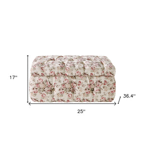 Homeroots 25" Ivory Pink And Green Linen Tufted Floral Storage Ottoman Cluster Red,Linen  490724