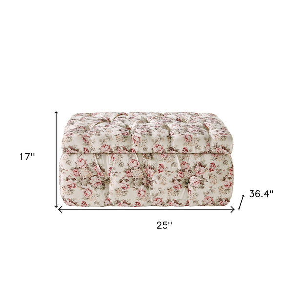 Homeroots 25" Ivory Pink And Green Linen Tufted Floral Storage Ottoman Cluster Red,Linen  490724