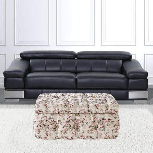 Homeroots 25" Ivory Pink And Green Linen Tufted Floral Storage Ottoman Cluster Red,Linen  490724