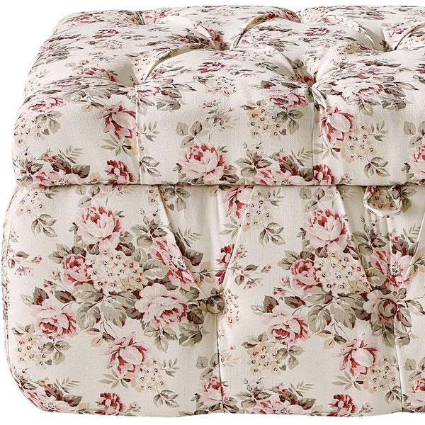 Homeroots 25" Ivory Pink And Green Linen Tufted Floral Storage Ottoman Cluster Red,Linen  490724