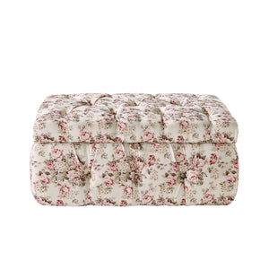 Homeroots 25" Ivory Pink And Green Linen Tufted Floral Storage Ottoman Cluster Red,Linen  490724