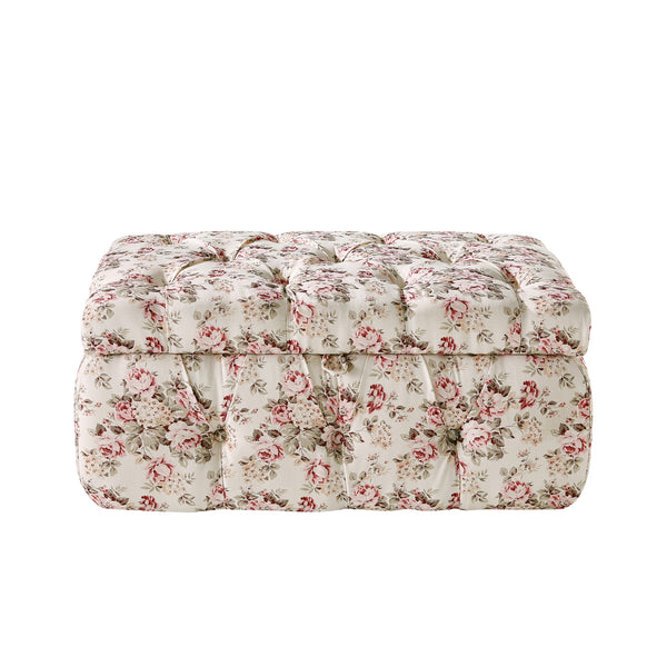 Homeroots 25" Ivory Pink And Green Linen Tufted Floral Storage Ottoman Cluster Red,Linen  490724