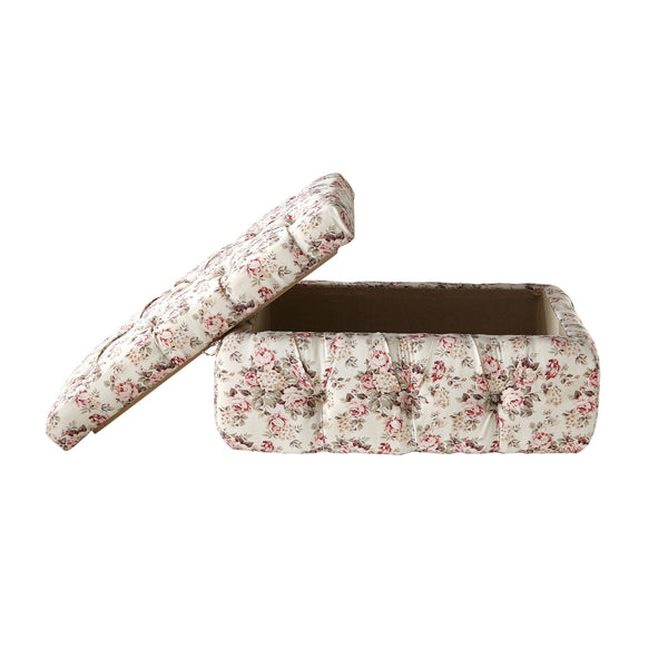 Homeroots 25" Ivory Pink And Green Linen Tufted Floral Storage Ottoman Cluster Red,Linen  490724