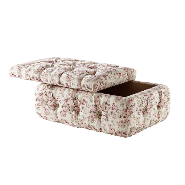 Homeroots 25" Ivory Pink And Green Linen Tufted Floral Storage Ottoman Cluster Red,Linen  490724