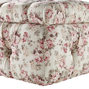 Homeroots 25" Ivory Pink And Green Linen Tufted Floral Storage Ottoman Cluster Red,Linen  490724