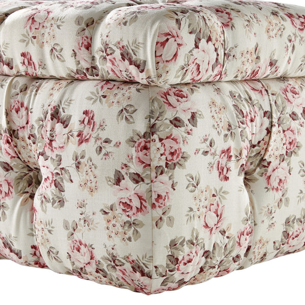 Homeroots 25" Ivory Pink And Green Linen Tufted Floral Storage Ottoman Cluster Red,Linen  490724