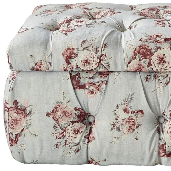 Homeroots 25" Pink Linen Tufted Floral Storage Manor Floral,Linen  490725
