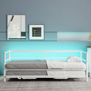 English Elm Twin Metal Daybed with LED Lighting and Adjustable Pop-Up Trundle, Industrial Steel Frame, Heavy-Duty Support White N750P244915K