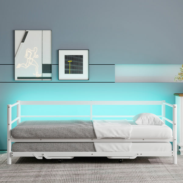 English Elm Twin Metal Daybed with LED Lighting and Adjustable Pop-Up Trundle, Industrial Steel Frame, Heavy-Duty Support White N750P244915K