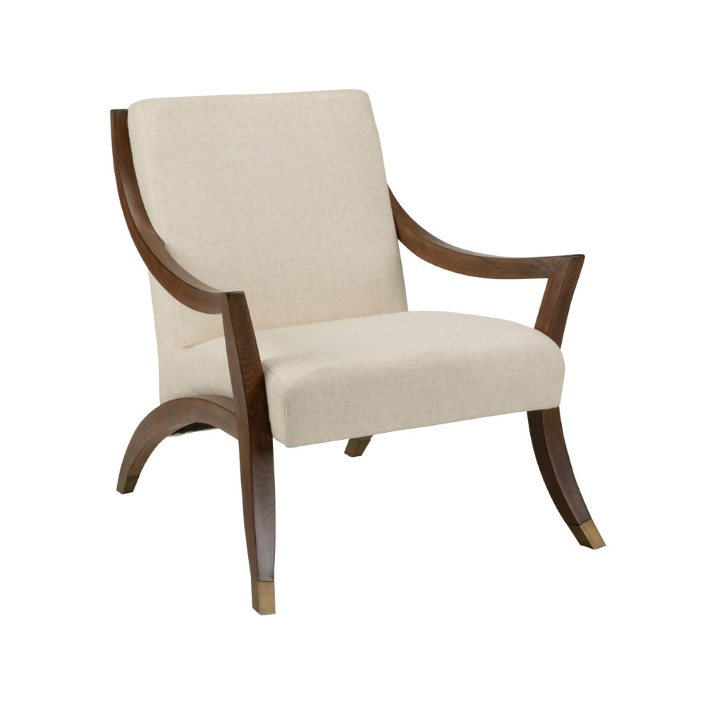 Wildwood Sling Lounge Chair With Walnut Oak Frame, Antique Brass Accents, Neutral Upholstery — Sculptural Comfort 490732