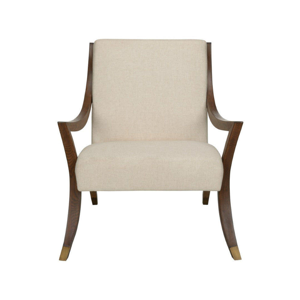 Wildwood Sling Lounge Chair With Walnut Oak Frame, Antique Brass Accents, Neutral Upholstery — Sculptural Comfort 490732