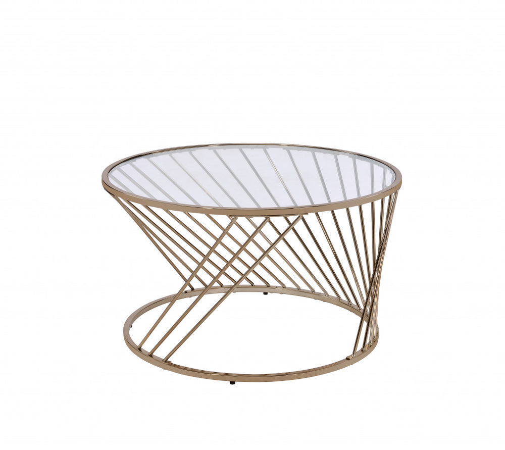 Homeroots 32" Champagne And Clear Glass And Metal Round Coffee Table   490741