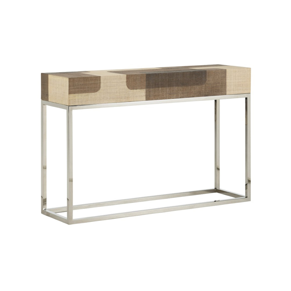 Wildwood Jacoby Raffia Console Table With Polished Nickel Frame — Geometric Brown & Cream Entryway Accent 490751