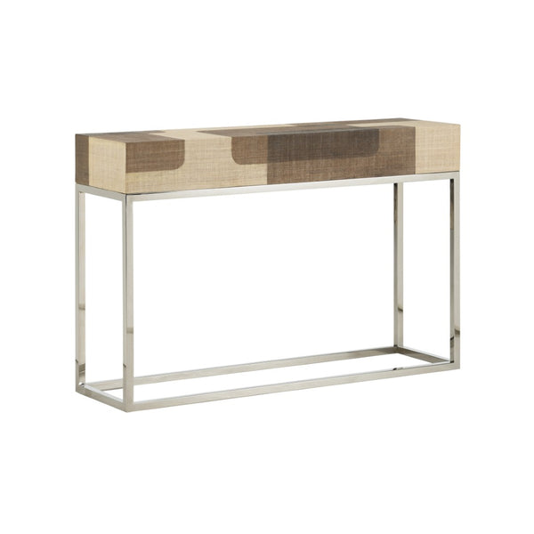 Wildwood Jacoby Raffia Console Table With Polished Nickel Frame — Geometric Brown & Cream Entryway Accent 490751