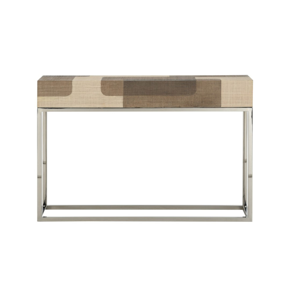 Wildwood Jacoby Raffia Console Table With Polished Nickel Frame — Geometric Brown & Cream Entryway Accent 490751
