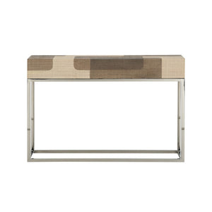 Wildwood Jacoby Raffia Console Table With Polished Nickel Frame — Geometric Brown & Cream Entryway Accent 490751