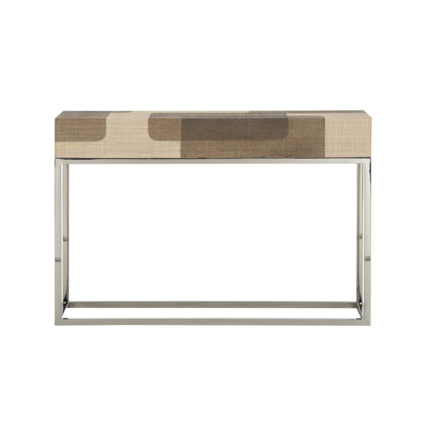 Wildwood Jacoby Raffia Console Table With Polished Nickel Frame — Geometric Brown & Cream Entryway Accent 490751