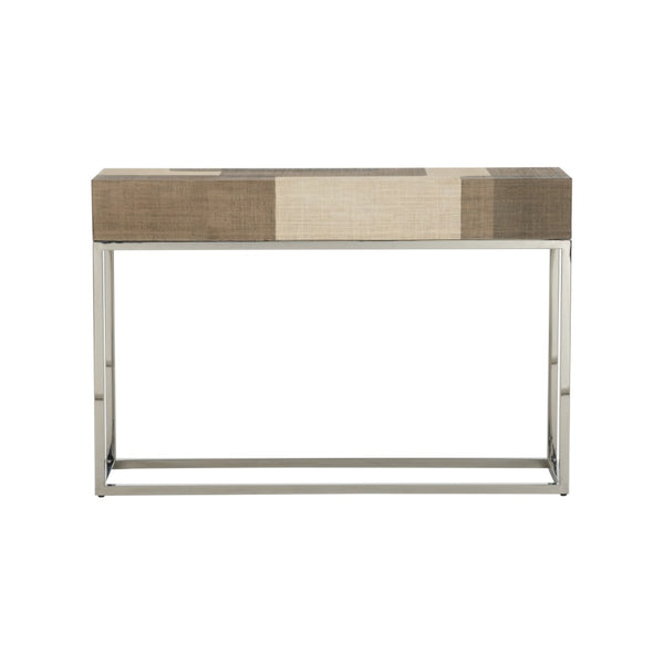 Wildwood Jacoby Raffia Console Table With Polished Nickel Frame — Geometric Brown & Cream Entryway Accent 490751