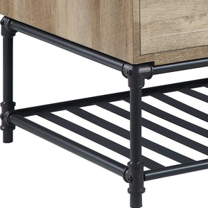Homeroots 47" Sandy Black And Oak Paper Veneer And Metal Rectangular Coffee Table With Two Drawers And Shelf   490768