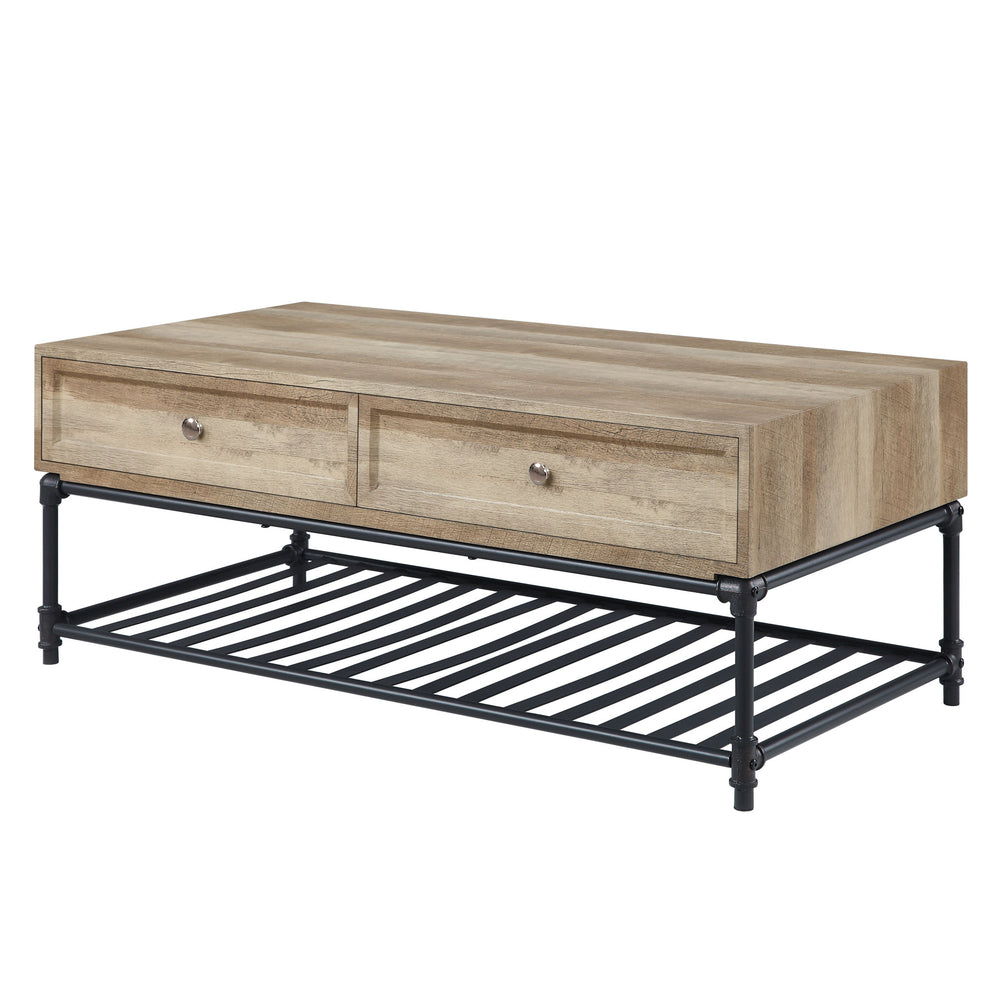 Homeroots 47" Sandy Black And Oak Paper Veneer And Metal Rectangular Coffee Table With Two Drawers And Shelf   490768