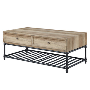 Homeroots 47" Sandy Black And Oak Paper Veneer And Metal Rectangular Coffee Table With Two Drawers And Shelf   490768